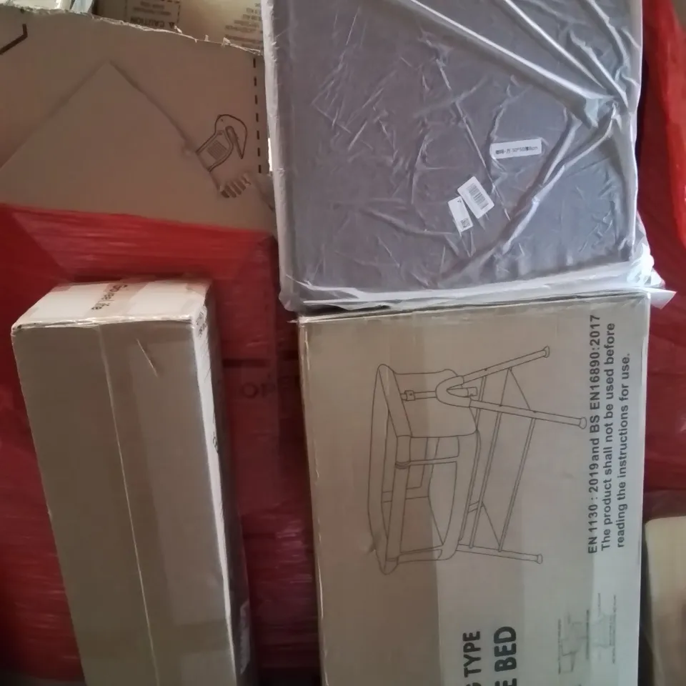 PALLET OF ASSORTED HOUSEHOLD GOODS AND PRODUCTS TO INCLUDE;BABY BEDSIDE TABLE,FAN,CUSHION