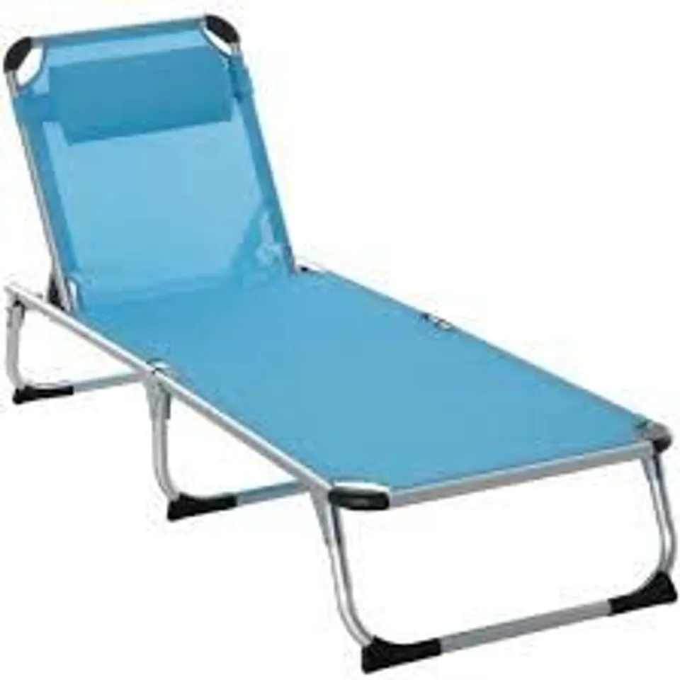 BOXED OUTSUNNY FOLDABLE OUTDOOR SUN LOUNGER, RECLINING LOUNGE CHAIR CAMPING BED COT WITH PILLOW 4-LEVEL ADJUSTABLE BACK ALUMINIUM FRAME, BLUE