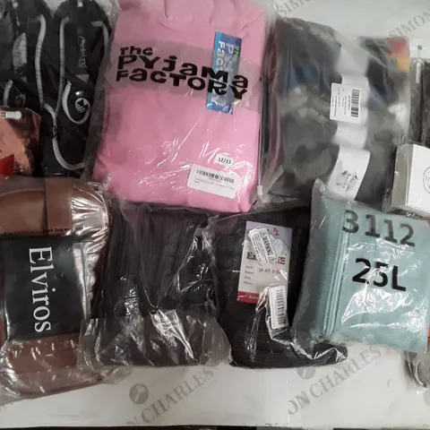 LARGE QUANTITY OF ASSORTED CLOTHING ITEMS TO INCLUDE SOCKS, BAGS AND TOPS ECT