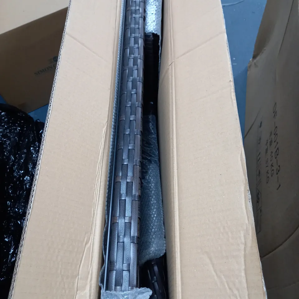 A PALLET OF RATTAN GARDEN FURNITURE PARTS IN BROWN WITH CREAM CUSHIONS - 3 BOXES - COLLECTION ONLY