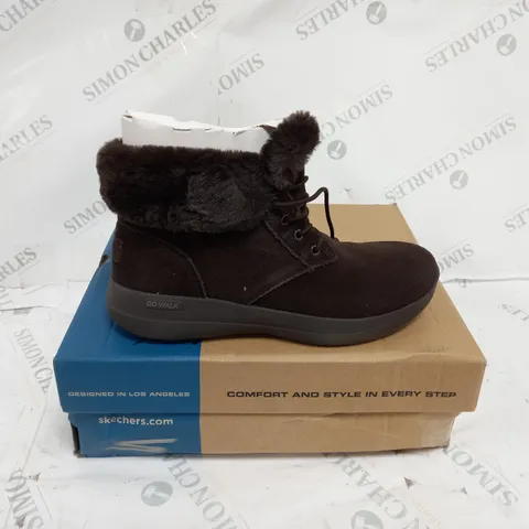 BOXED SKECHERS GO WALK STABILITY SUEDE BOOTS, CHOCOLATE - SIZE 6