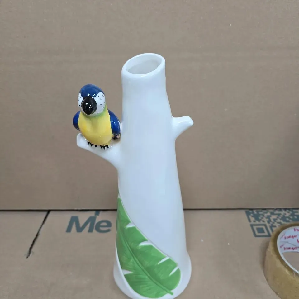 BOX OF APPROXIMATELY 10 DECO DOLOMITE DECORATIVE CERAMIC VASE WITH PARROT - MIXTURE OF BLUE & RED PARROTS - COLLECTION ONLY