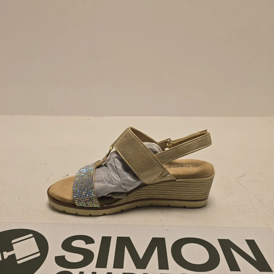 CUSHION WALK CRYSTAL-STRAP WEDGE SANDALS - BEIGE/GOLD, WOMEN'S SIZE UK 5