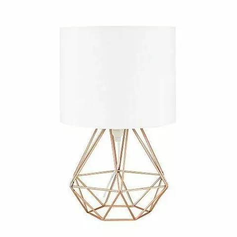 BOXED MINISUN CAGE STYLE GEOMETRIC BRUSHED COPPER TABLE LAMP WITH WHITE SHADE 25 X 40 CM