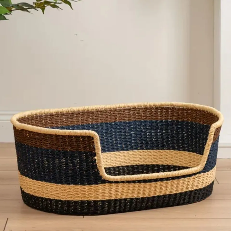 BOXED NAVY & BROWN STRIPE WOVEN PET BED WITH MAT (1 BOX)