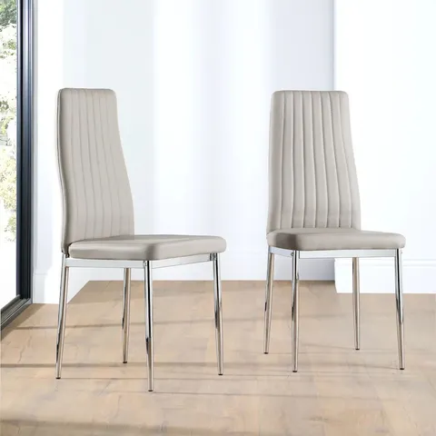 BOXED SET OF 2 NEW LEON DINING CHAIRS, GREY CLASSIC FAUX LEATHER & CHROME (1 BOX)