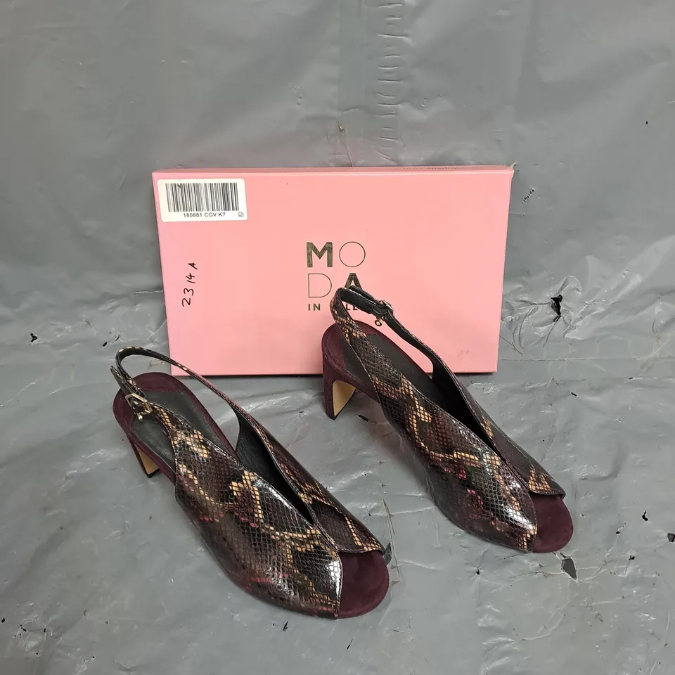 BOXED PAIR OF MODA IN PELLE CHRISSI DEEP PEEP TOE SLINGBACK SNAKE PRINT HEEL SIZE 40