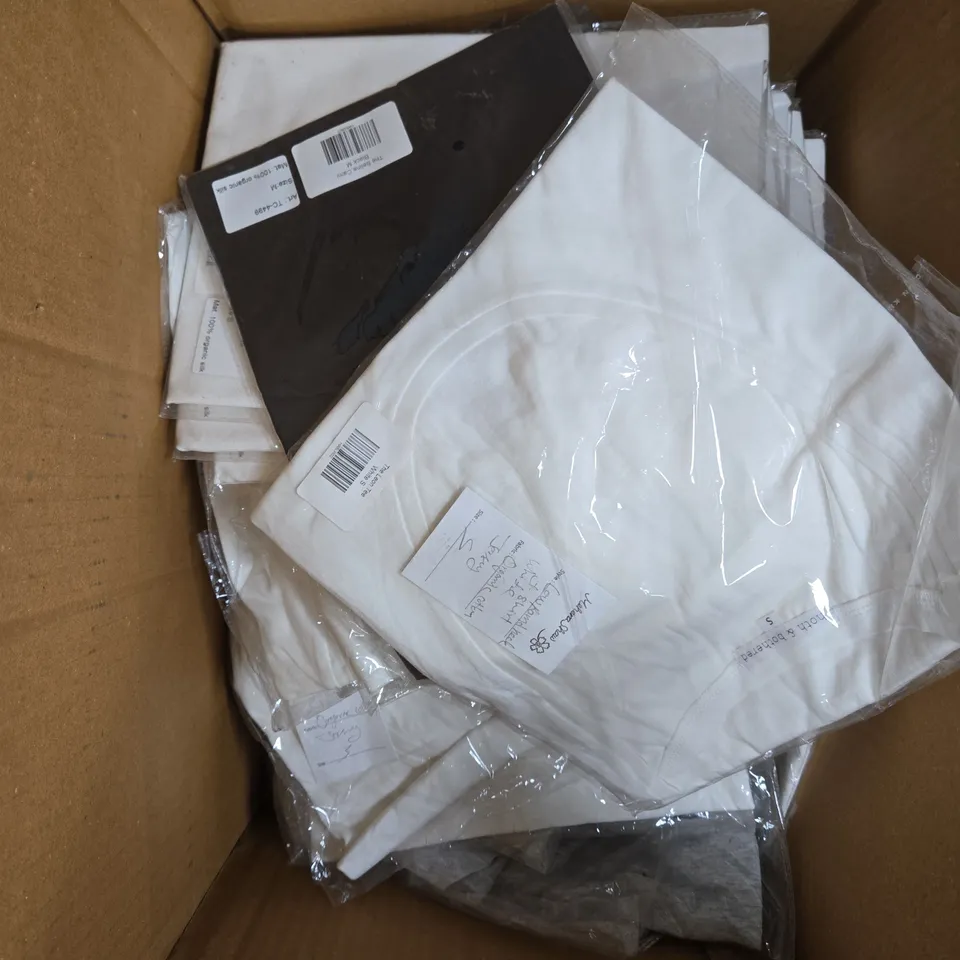 BOX OF APPROXIMATELY 40 ASSORTED CLOTHING ITEMS IN VARIOUS COLOURS TO INCLUDE - TEES - CAMIS