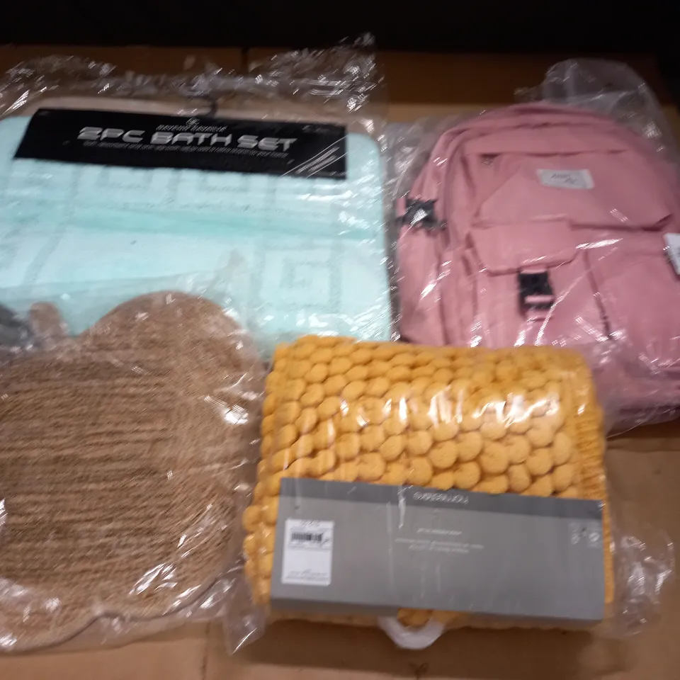 LOT OF 4 HOUSEHOLD ITEMS TO INCLUDE BATH MATS AND PINK BACKPACK