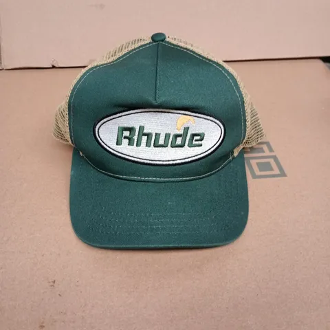 Rhude Logo Patch Trucker Cap – Green front with beige mesh