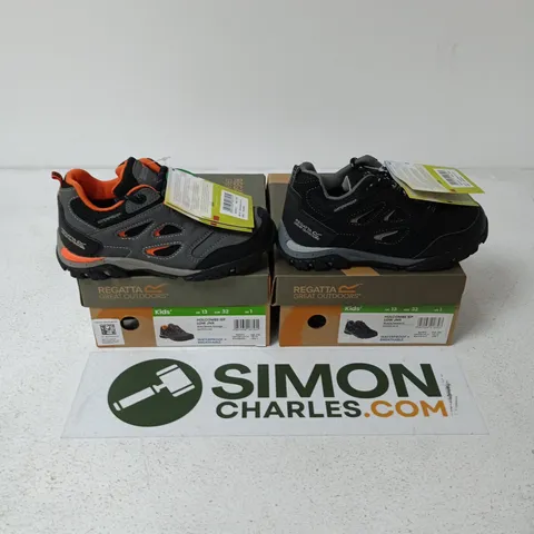 7 BOXED BRAND NEW PAIRS OF REGATTA KIDS SHOES IN VARIOUS SIZES & STYLES TO INCLUDE HOLCOMBE IEP LOW JNR IN BRIAR/BLAZE ORANGE & BLACK/GRANITE