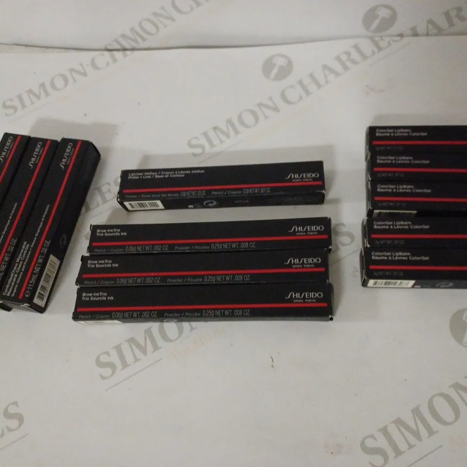 LOT OF APPROX 12 ASSORTED SHISEIDO PRODUCTS TO INCLUDE LIP BARM, MASCARA, BROW INK ETC