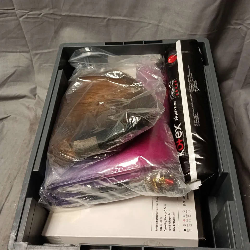 BOX OF APPROXIMATELY 8 ASSORTED COSMETIC ITEMS TO INCLUDE WIGS, WIRELESS HAIR STRAIGHTENER, KOTEX MAXI NIGHT TIME ETC