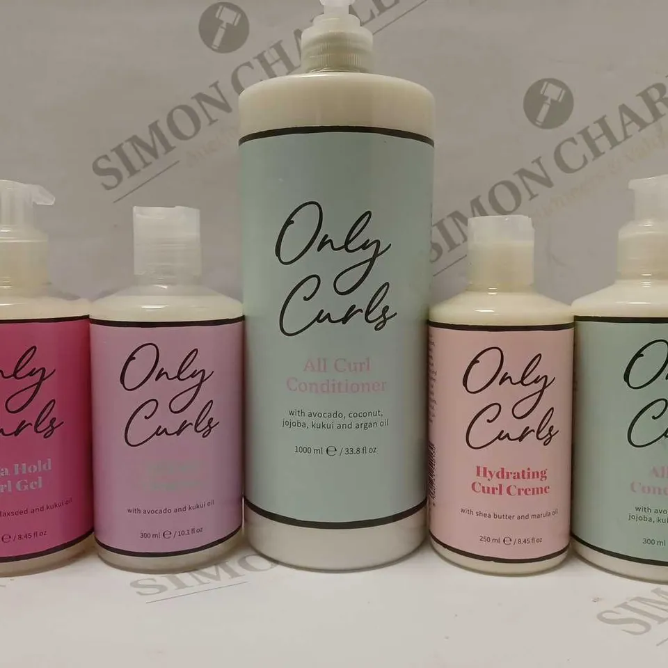 LOT OF 5 ASSORTED ONLY CURLS PRODUCTS TO INCLUDE ALL CURL CLEANSER, MEGA HOLD CURL GEL, HYDRATING CURL CREME, ETC 