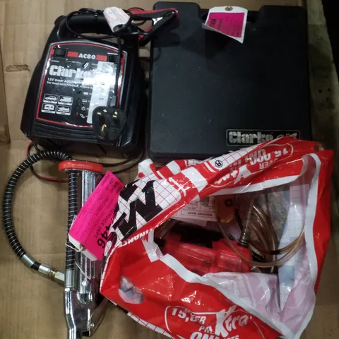 BOX CONTAINING ASSORTED PRODUCTS INCLUDING 12V OIL AND DIESEL PUMP, 12V 8A AUTOMATIC BATTERY CHARGER, 2-IN-1 AIR STAPLE AND NAIL GUN KIT & LINEAR TYRE INFLATOR