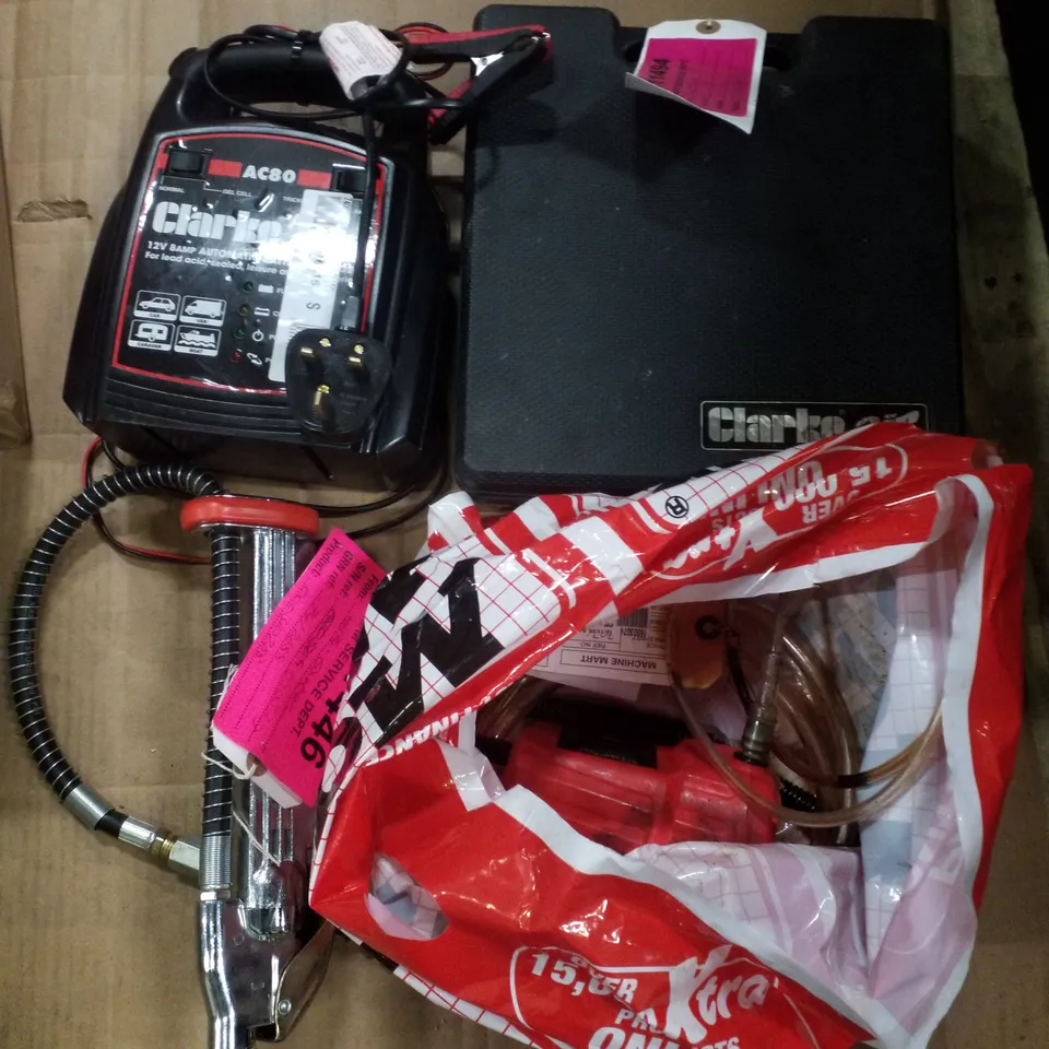 BOX CONTAINING ASSORTED PRODUCTS INCLUDING 12V OIL AND DIESEL PUMP, 12V 8A AUTOMATIC BATTERY CHARGER, 2-IN-1 AIR STAPLE AND NAIL GUN KIT & LINEAR TYRE INFLATOR