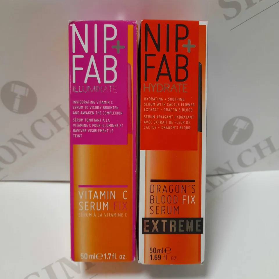 LOT OF 2 NIP+FAB PRODUCTS TO INCLUDE DRAGONS BLOOD FIX SERUM EXTREME 50ML & ILLUMINATE VITAMIN C SERUM 50ML 