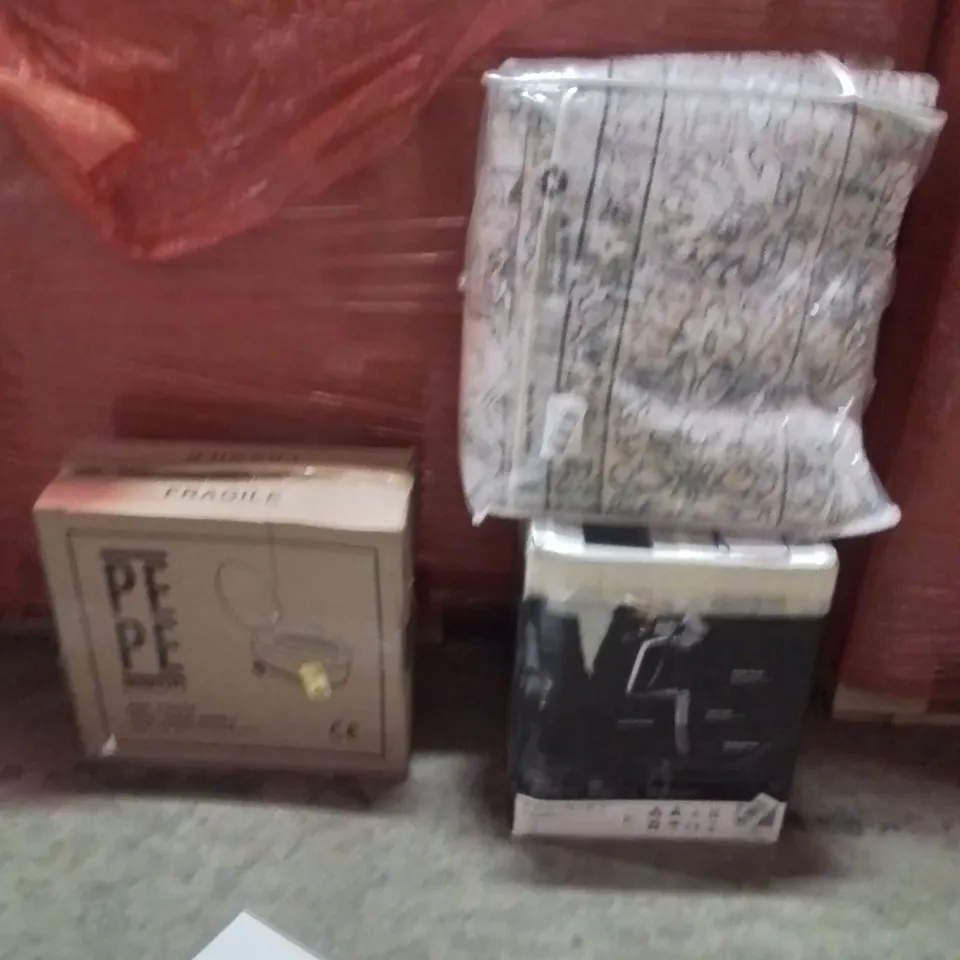 PALLET OF ASSORTED HOUSEHOLD GOODS AND PRODUCTS TO INCLUDE;RUG,INOFLEX SPRAY MACHINE,TOILET RAISER