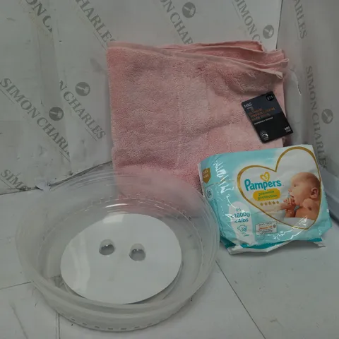 APPROXIMATELY 10 ASSORTED HOUSEHOLD ITEMS TO INCLUDE MICROWAVE PLATE COVER, PAMPERS DIAPER COLLECTION, M&S BATH TOWEL, ETC