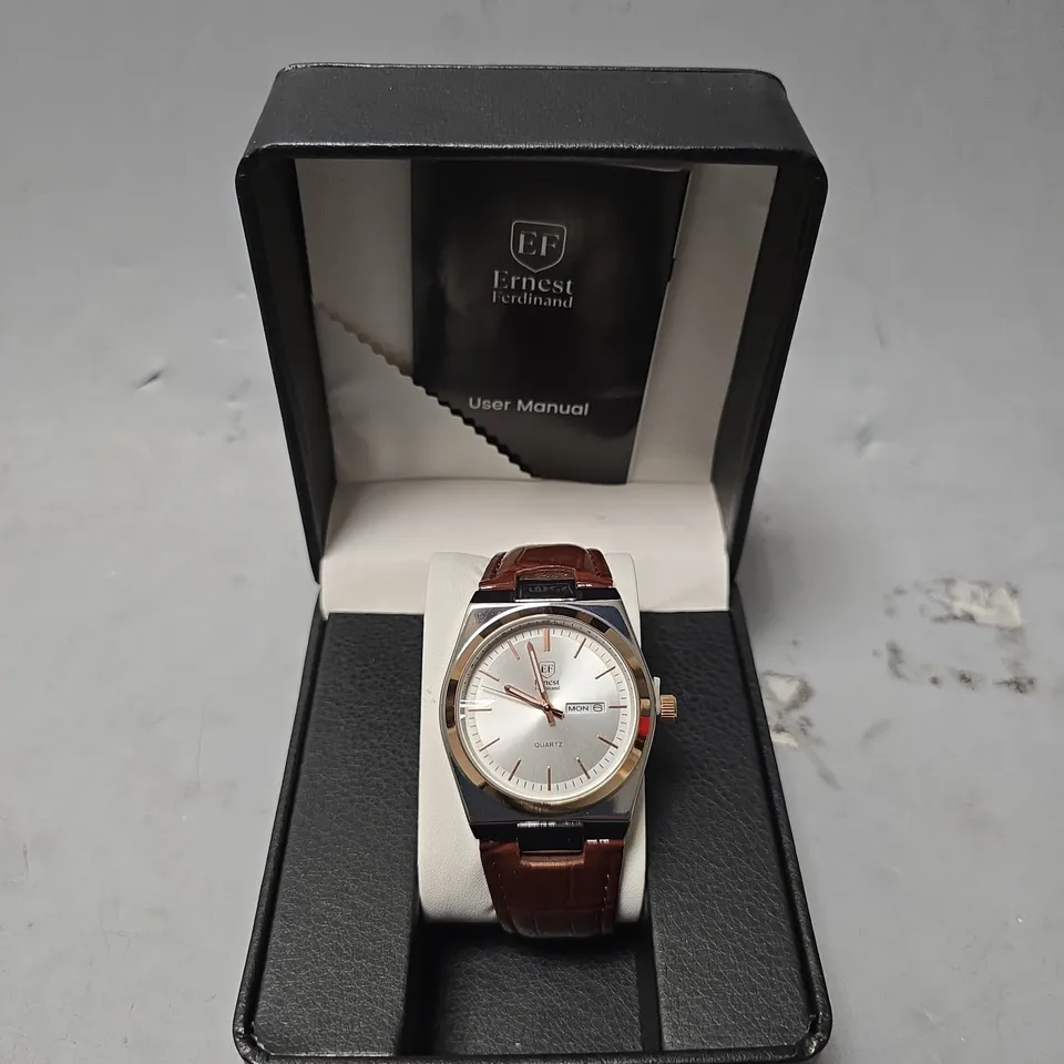 ERNEST FERDINAND WATCH – DAY DATE CALENDAR DIAL – LEATHER STRAP – 3ATM WATER RESISTANT - GIFT BOX