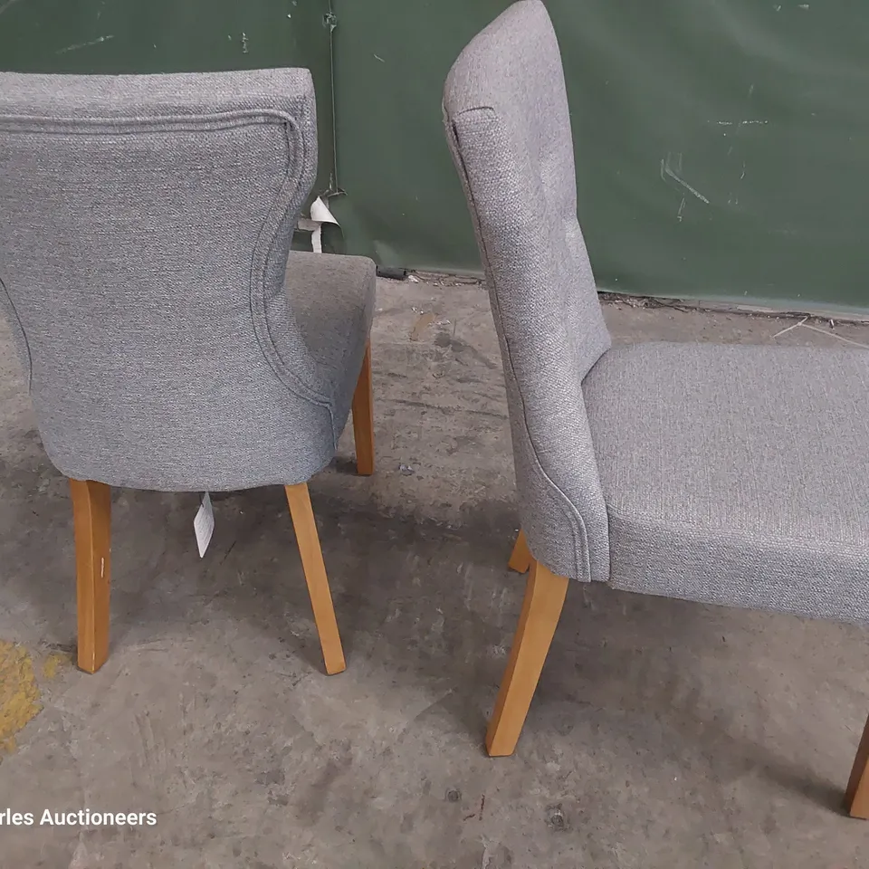 PAIR OF UPHOLSTERED BUTTONED BACK DINING CHAIRS GREY FABRIC ON NATURAL WOOD LEGS 