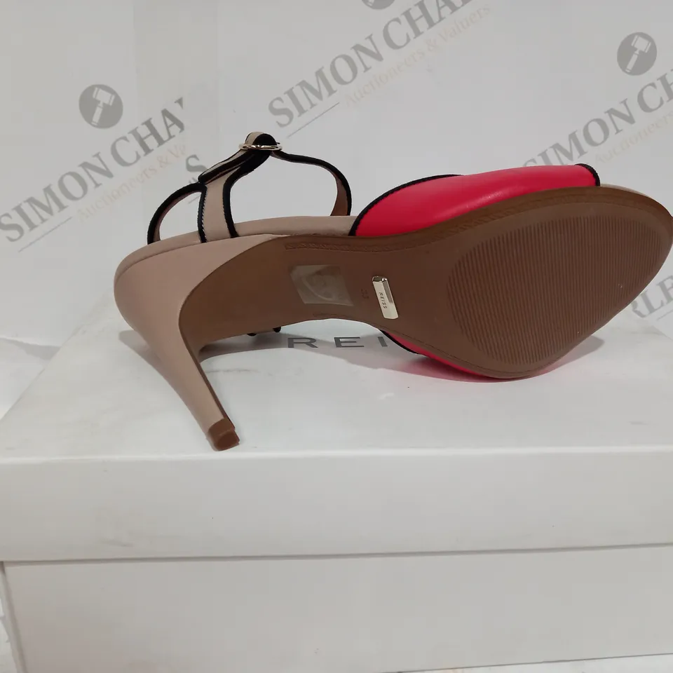 BOXED REISS MARGOT STRAP CORAL RED HEELS - SIZE 5
