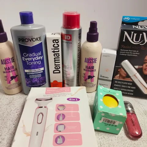 APPROX 12 ASSORTED BEAUTY PRODUCTS TO INCLUDE PROVOKE CONDITIONER, DERMATICA MOISTURISER, NUYOU FACIAL HAIR REMOVER, ETC