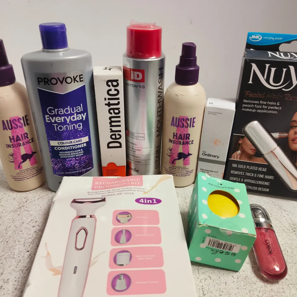 APPROX 12 ASSORTED BEAUTY PRODUCTS TO INCLUDE PROVOKE CONDITIONER, DERMATICA MOISTURISER, NUYOU FACIAL HAIR REMOVER, ETC