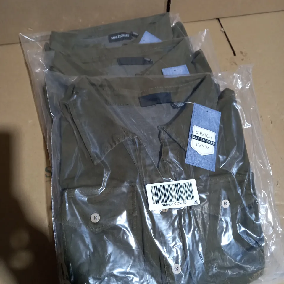 3 X BRAND NEW ELBOW SLEEVE BUTTON UP STRETCH DENIM DRESS BY NINA LEONARD DARK OLIVE 2XL
