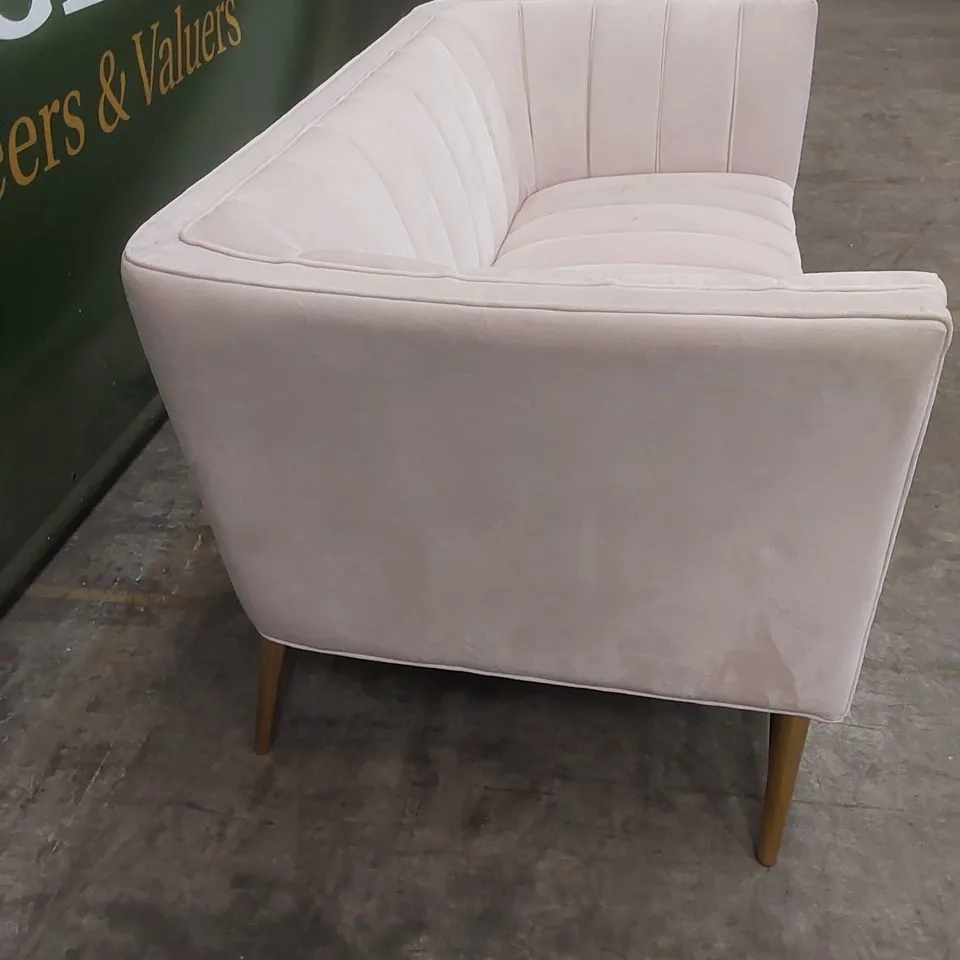 DESIGNER PLUSH PINK VELVET UPHOLSTERED SOFA WITH GOLD LEGS 