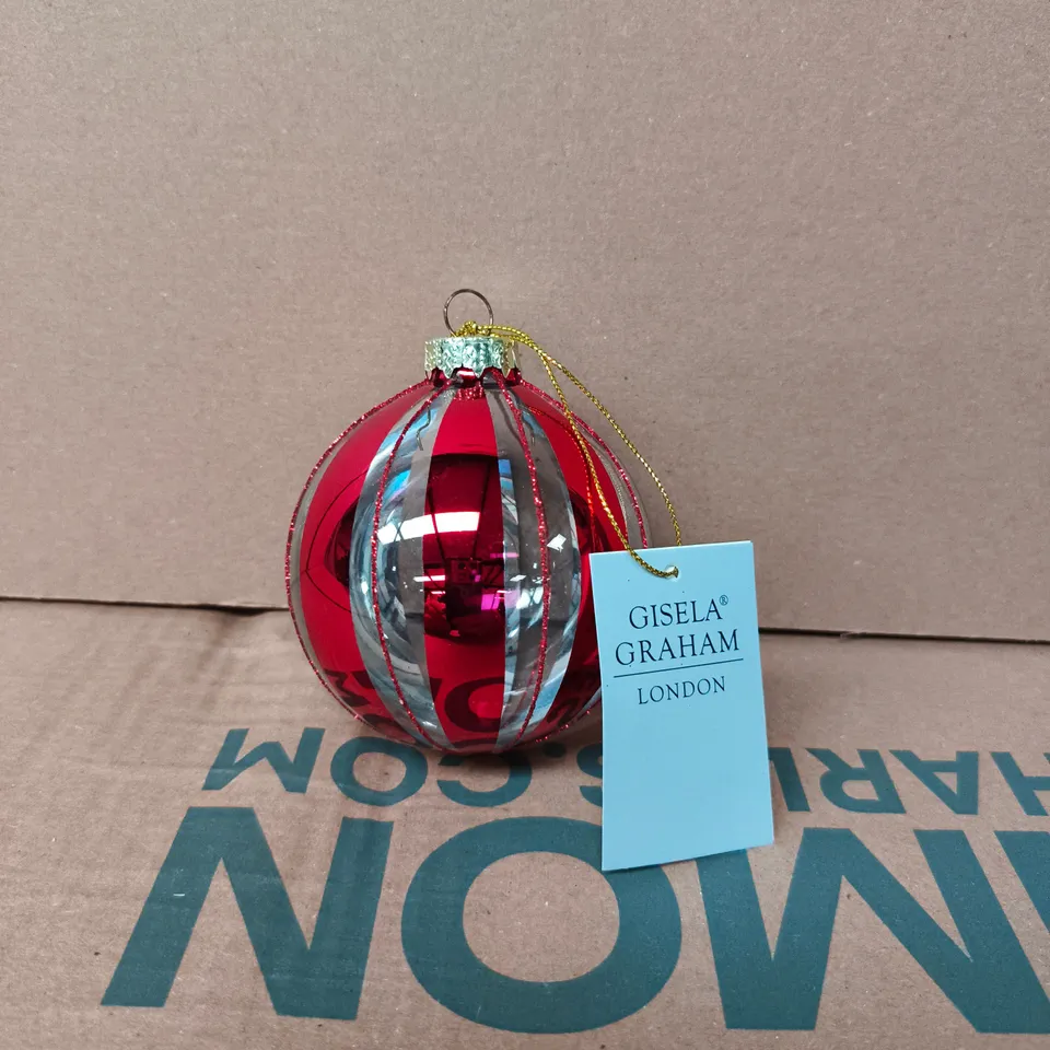 APPROXIMATELY 72 GISELA GRAHAM RED MIRROR STRIPES GLASS BAUBLES