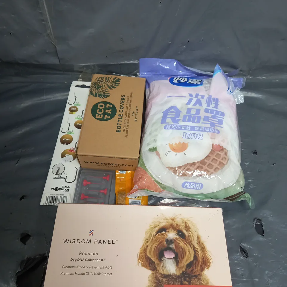 APPROXIMATELY 10 ASSORTED HOUSEHOLD ITEMS TOO INCLUDE BOTTLE COVERS , WISDOM PANEL , BIC PENS , ETC 