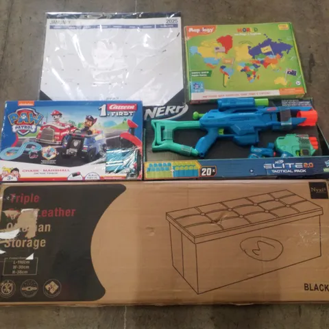 PALLET CONTAINING ASSORTED PRODUCTS INCLUDING LEATHER OTTOMAN STORAGE, NERF ELITE2.0 TACTICAL PACK, PAW PATROL CHASE MARSHALL ON THE TRACK, MAPOLOGY WORLD MAP, 2025 CALENDER 