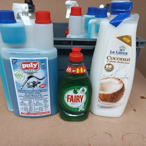 ASSORTED CLEANING LIQUIDS BUNDLE: FAIRY ORIGINAL DISHWASHING LIQUID, LA LUCCA COCONUT FABRIC SOFTENER, PULY MILK DETERGENT