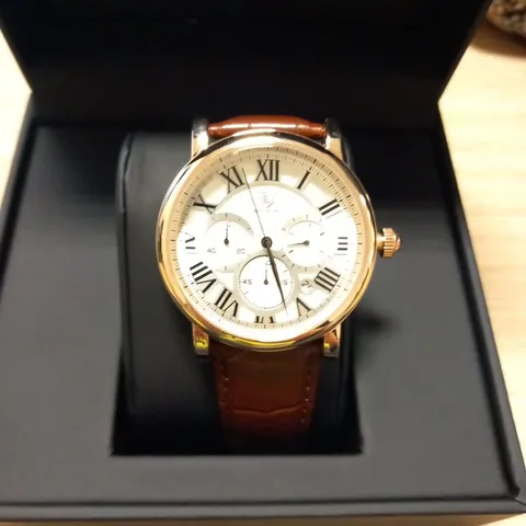 MENS LOUIS LACOMBE CHRONOGRAPH WATCH β MULTI FUNCTION DIAL WITH DATE β ROMAN NUMERAL DIAL β LEATHER STRAP β GIFT BOX β EST Β£420