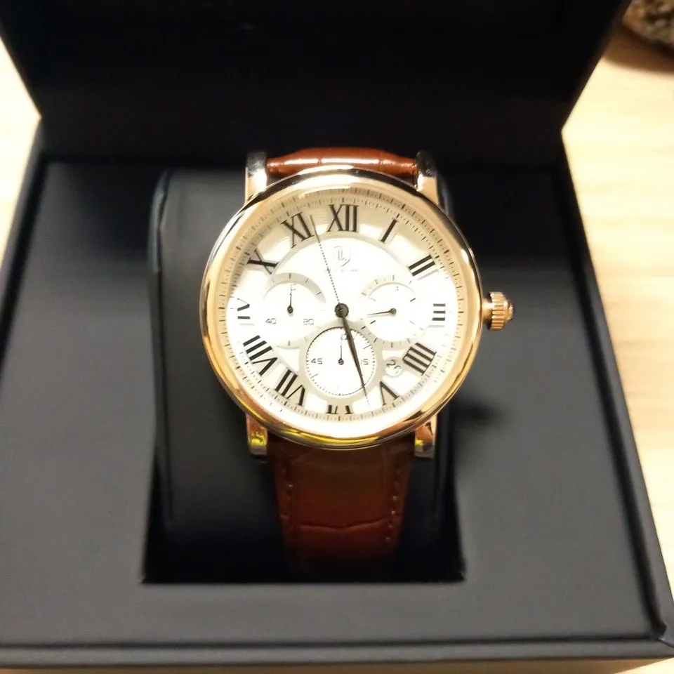 MENS LOUIS LACOMBE CHRONOGRAPH WATCH – MULTI FUNCTION DIAL WITH DATE – ROMAN NUMERAL DIAL – LEATHER STRAP – GIFT BOX – EST £420