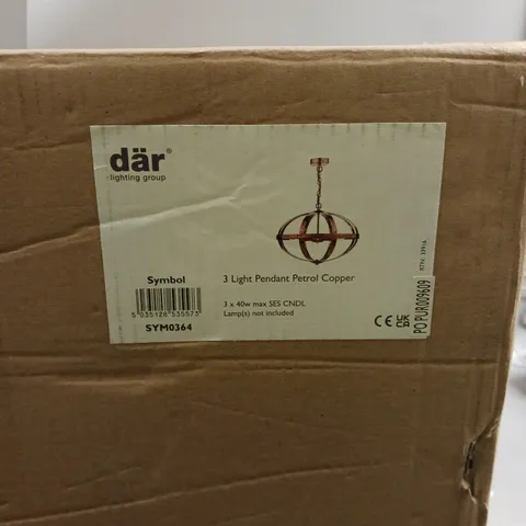 BOXED DAR LIGHTING SYMBOL 3 LIGHT PENDANT LIGHT IN COPPER