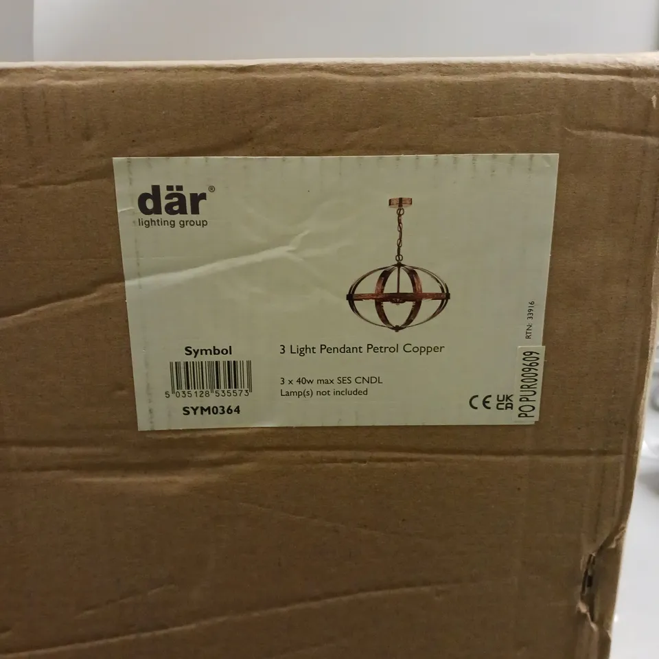 BOXED DAR LIGHTING SYMBOL 3 LIGHT PENDANT LIGHT IN COPPER 