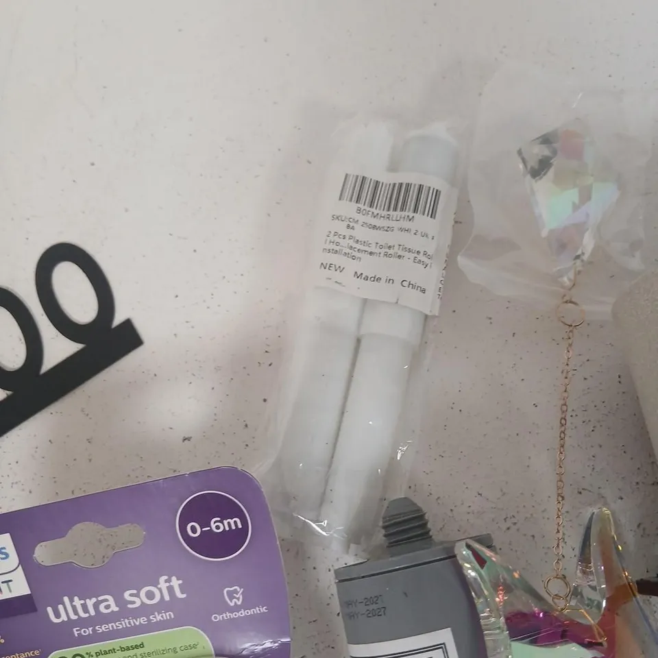 ASSORTED HOUSEHOLD PRODUCTS TO INCLUDE; PHILIPS AVENT ULTRA SOFT SOOTHERS (0-6M) –, HAVE A NICE POO SIGN, FOOT MAISER