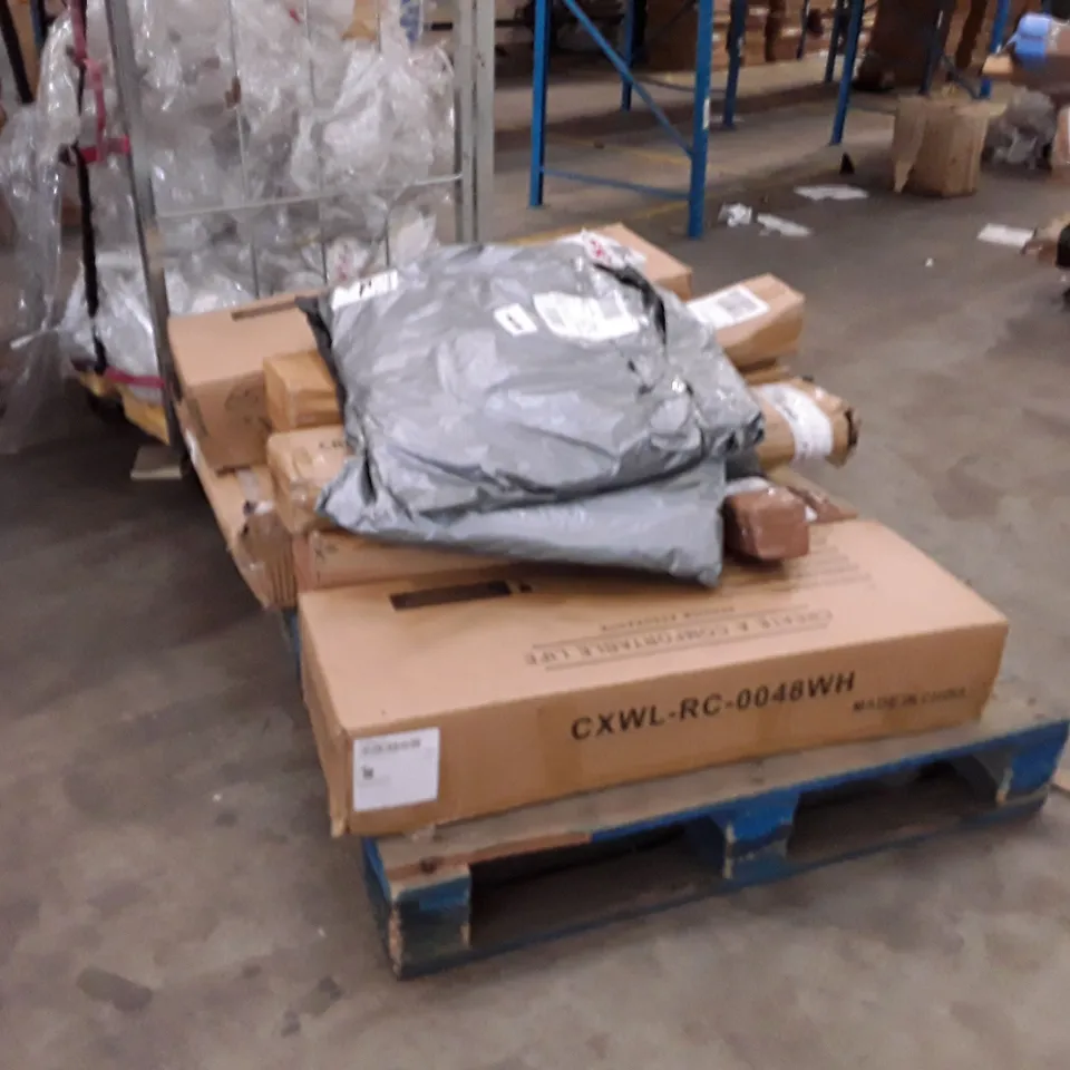 PALLET TO CONTAIN AN ASSORTMENT OF INCOMPLETE FLAT PACK FURNITURE PARTS, POP UP TENTS ECT 