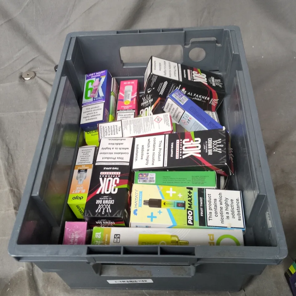 TOTE OF APPROXIMATELY 25 ASSORTED ELECTRONIC CIGARETTE ITEMS TO INCLUDE:  30K CROWNBAR GRAPE MINT 
