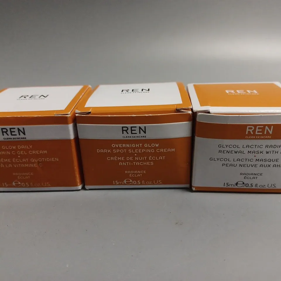 3 BOXED REN PRODUCTS TO INCLUDE GLOW DAILY VITAMIN C GEL CREAM (15ml), OVERNIGHT GLOW DARK SPOT SLEEPING CREAM (15ml), GLYCOL LACTIC RADIANCE RENEWAL MASK (15ml)