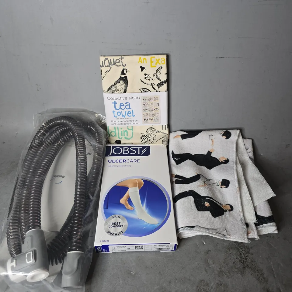 APPROXIMATELY 7 ASSORTED ITEMS TO INCLUDE - TEA TOWELS , JOBST ULCER CARE ETC