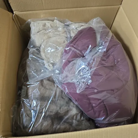 BOX OF APPROXIMATELY 15 ASSORTED CLOTHING ITEMS IN VARIOUS STYLES , COLOURS AND SIZES