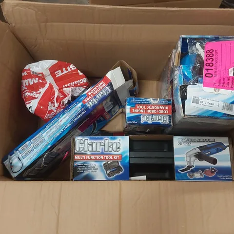 BOX CONTAINING ASSORTED CLARKE TOOLS INCLUDING: ENGINE DIAGNOSTICS TOOL, MULTIFUNCTIONAL TOOL KIT, SUBMERSIBLE ELECTRIC WATER PUMP ECT