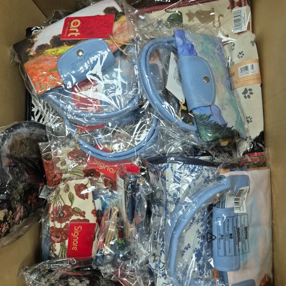 BOX OF APPROXIMATELY 20 ASSORTED BAGS AND PURSES IN VARIOUS COLOURS & DESIGNS - COLLECTION ONLY