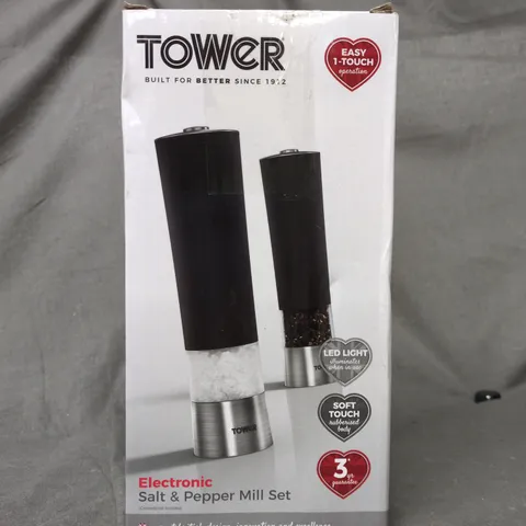 BOXED TOWER ELECTRONIC SALT & PEPPER MILL SET