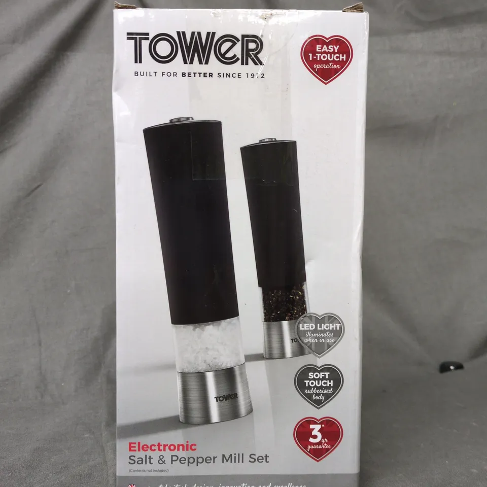 BOXED TOWER ELECTRONIC SALT & PEPPER MILL SET