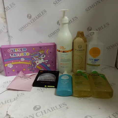 BOX OF ASSORTED COSMETIC ITEMS TO INCLUDE GLITTER TATTOOS, WAKEN AND CERA VE