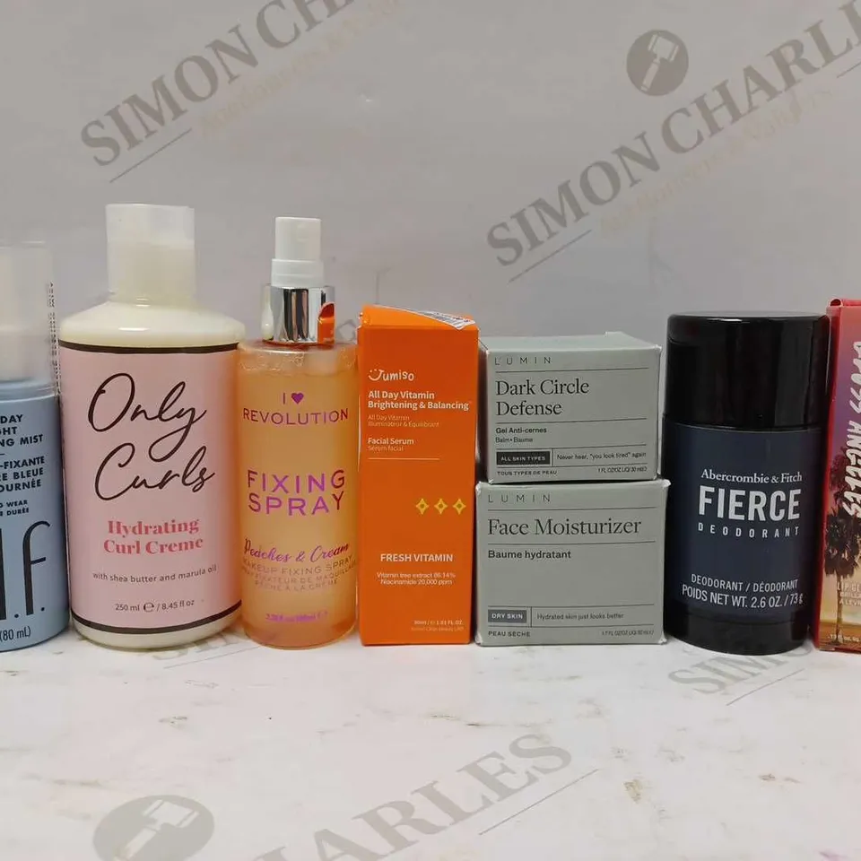 LOT OF APPROX 10 ASSORTED BEAUTY PRODUCTS TO INCLUDE ELF MICRO-SETTING MIST, ONLY CURLS CURL CREME, ABERCROMBIE&FITCH FIERCE DEODORANT, ETC 
